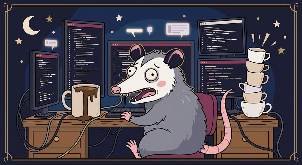 a wide-eyed opossum coding at five monitors full of code, with a spilling mug and a tower of empty cups, under a crescent moon
